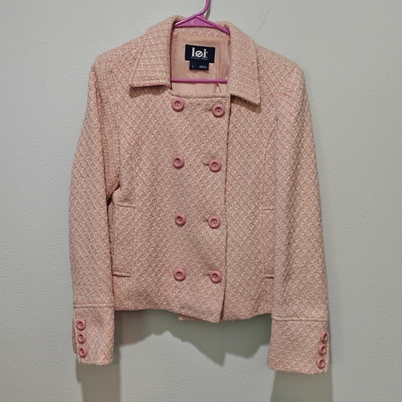Y2K Sabrina Carpenter Lei Jacket Blazer Large Tweed Pink White Gold Wool Vintage - Picture 2 of 10